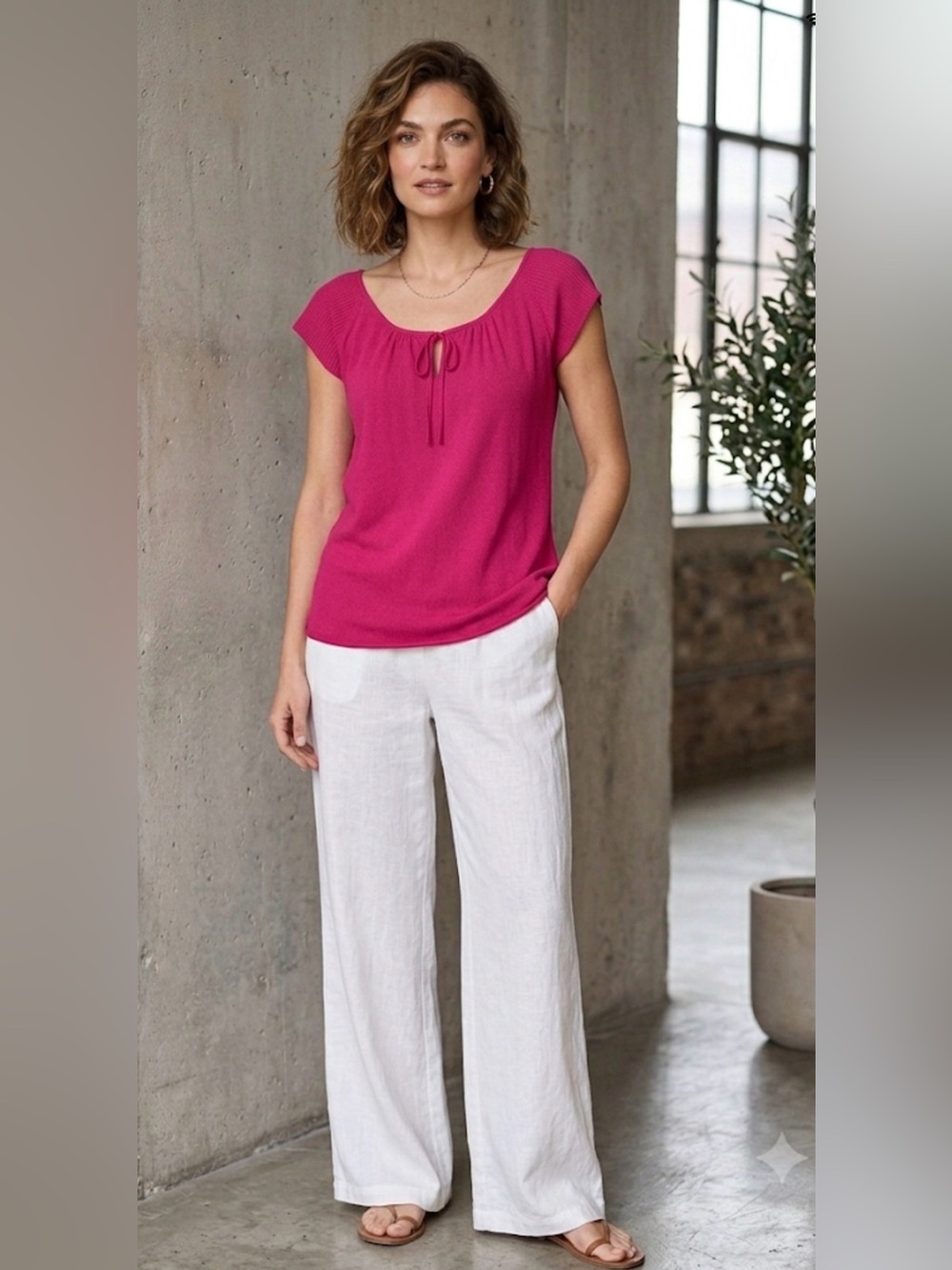 TRISTAN Fuchsia Short-Sleeve Scoop Neck Top with Tie size large
